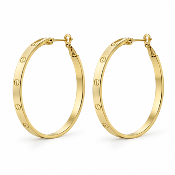 Жіночі сережки-кільця з гравіюванням &mdash; золотисті, у стилі Cartier Love 0160 фото