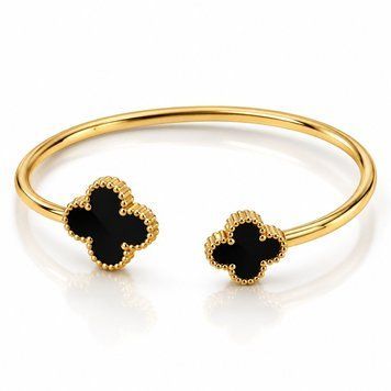 Жіночий браслет в стилі Clover Black & Gold &mdash; золотистий з чорними чотирилистниками 0116 фото