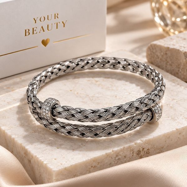 Жіночий плетений браслет в стилі Silver Twist &mdash; сріблястий подвійний браслет зі стразами 0118 фото
